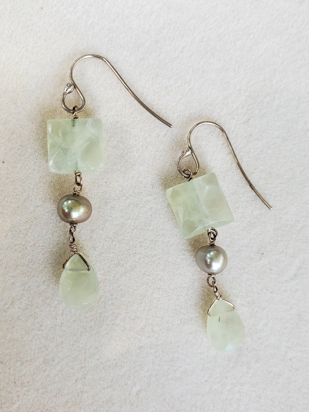 Pale Green Gemstone and Pearl Drop Earrings